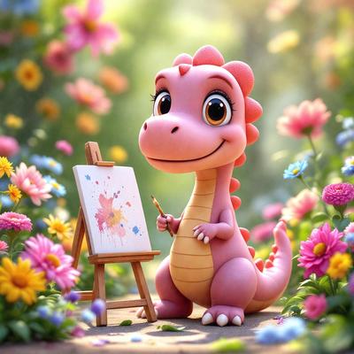 The primary subject of the image is a pink dinosaur, likely a T-Rex, holding a paintbrush and standing in front of a canvas. The setting is a flower garden, with a variety of flowers surrounding the dinosaur. The visual style appears to be a digital art or illustration, as the dinosaur is depicted in a colorful and detailed manner. The colors and mood of the image are vibrant and cheerful, with the pink dinosaur and the colorful flowers creating